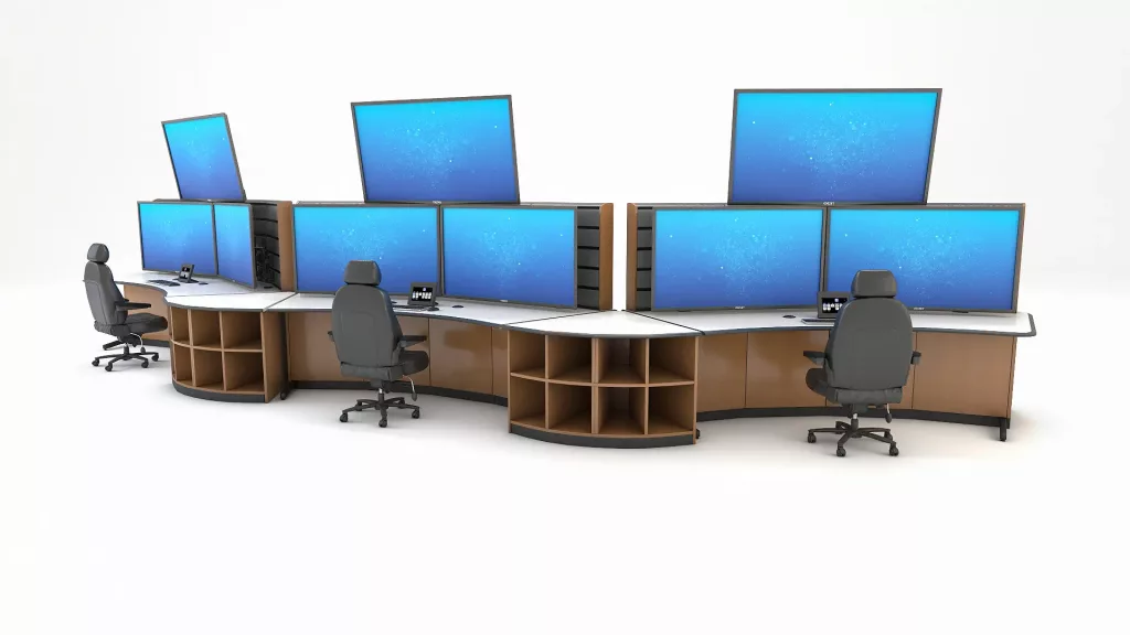 Tresco control room layout with three workstations and multiple displays