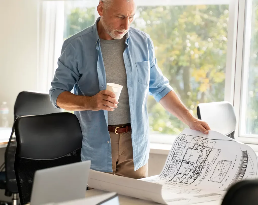 control room architect reviewing drawings