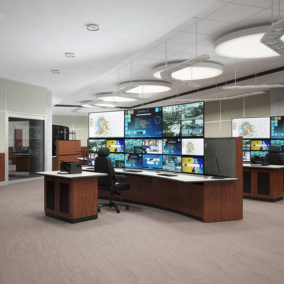 Oil & gas control console with multiple monitors, task lighting, and millwork storage solutions