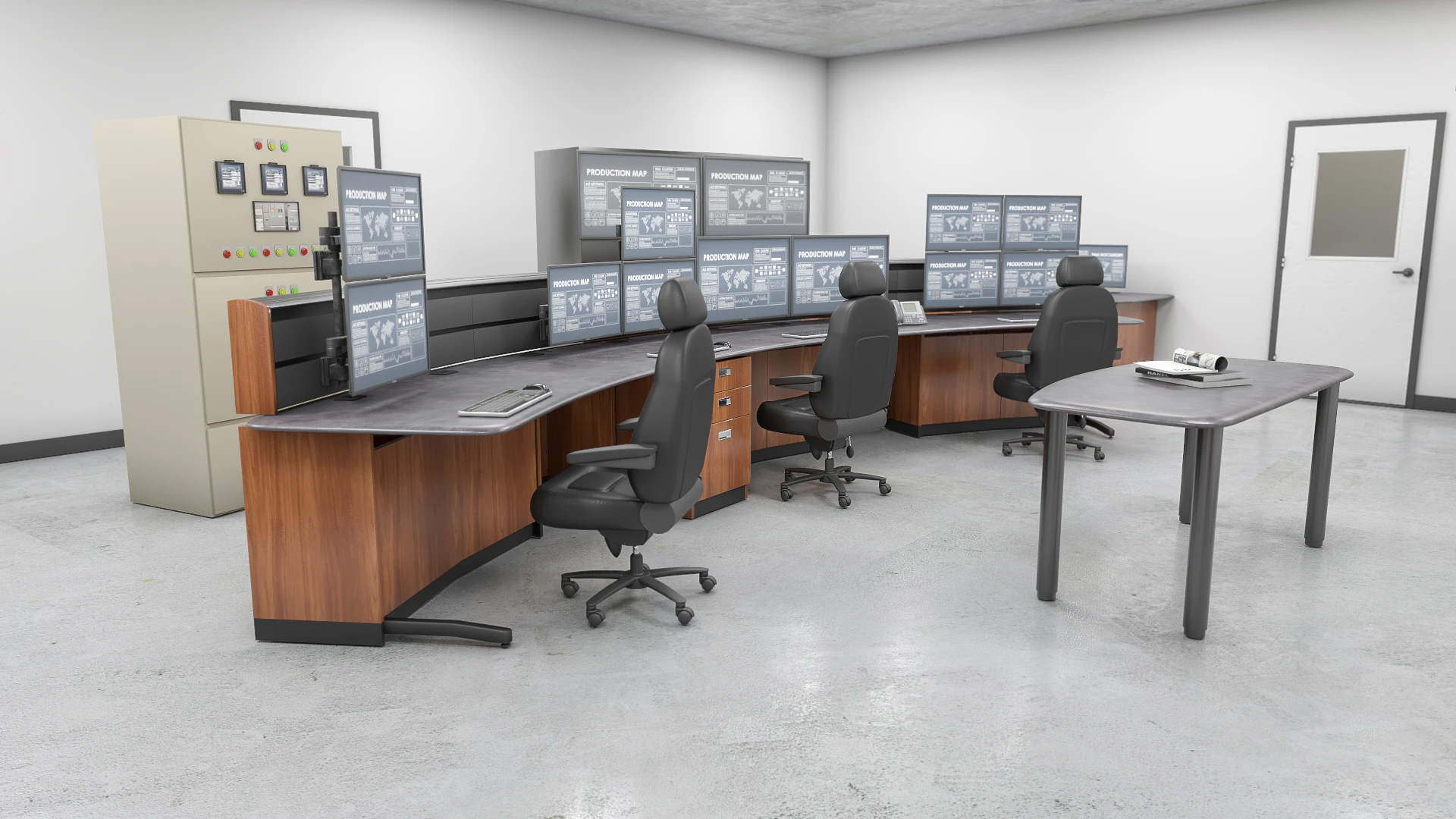 INdustrial Manufacturing control room consoles with multiple monitors and three joint workstations