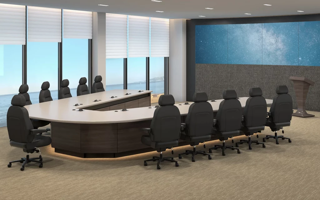 Custom boardroom with a podium and a large video wall |