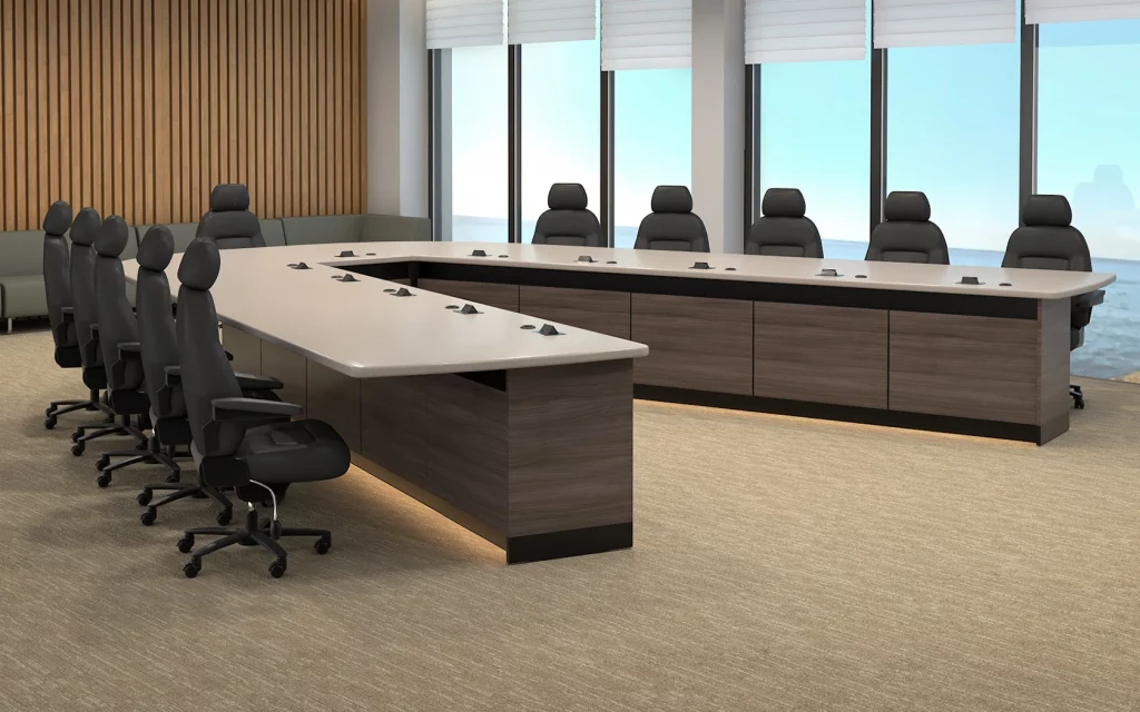 Custom boardroom with a podium and a large video wall front view |