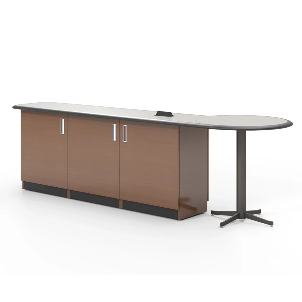 Tresco custom milwork with additional round workspace section |