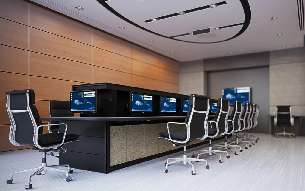 conference room with fuctional table that encloses operational equipment |