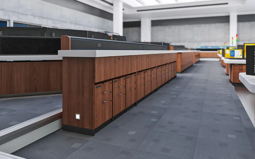 custom millwork with aditional storage space for control room |