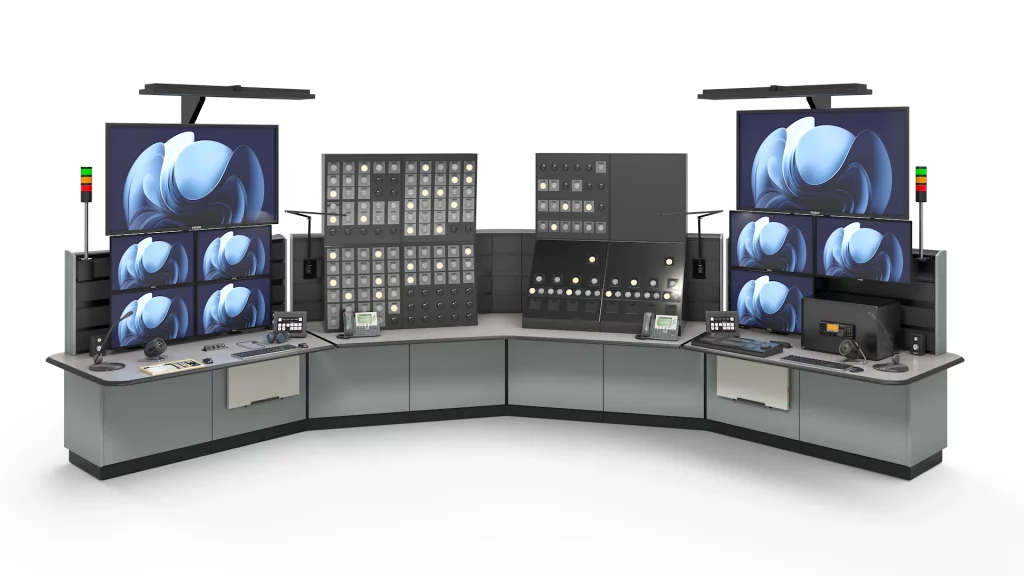 Push button enclosures on custom control room console |