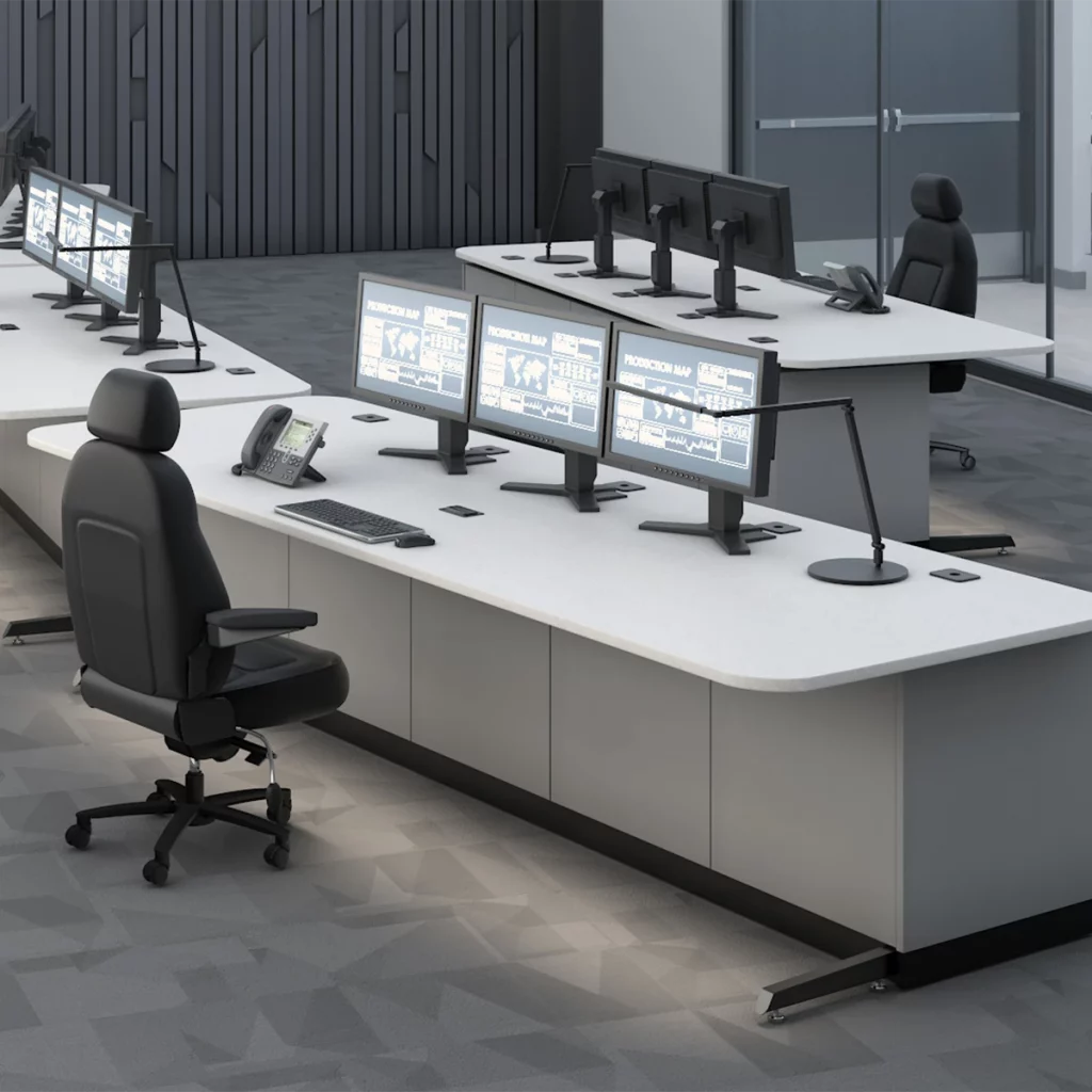 control room console with undercounter lighting in a modern contorl room environment