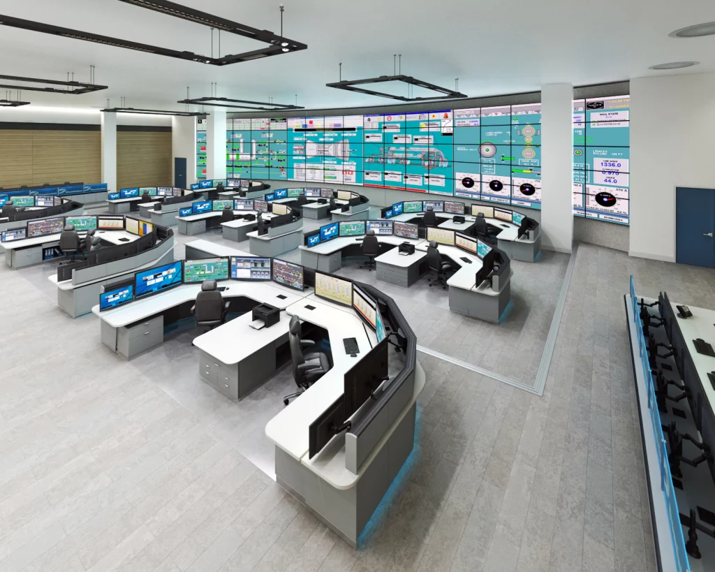 command center design with neutral colors and multiple operator workstations