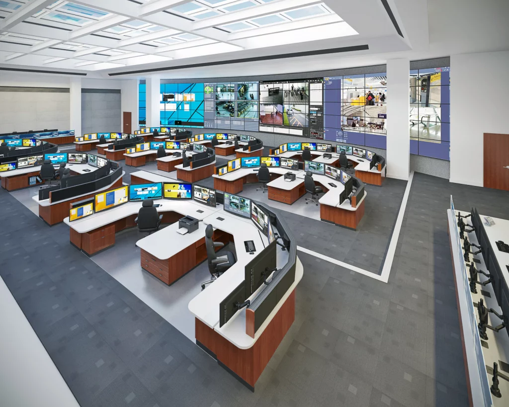 command center design with neutral colors, paired with contrasting colors to bring warmth and interest