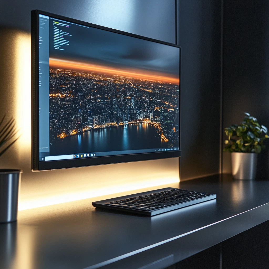 console with ambient lighting behind monitor set up |