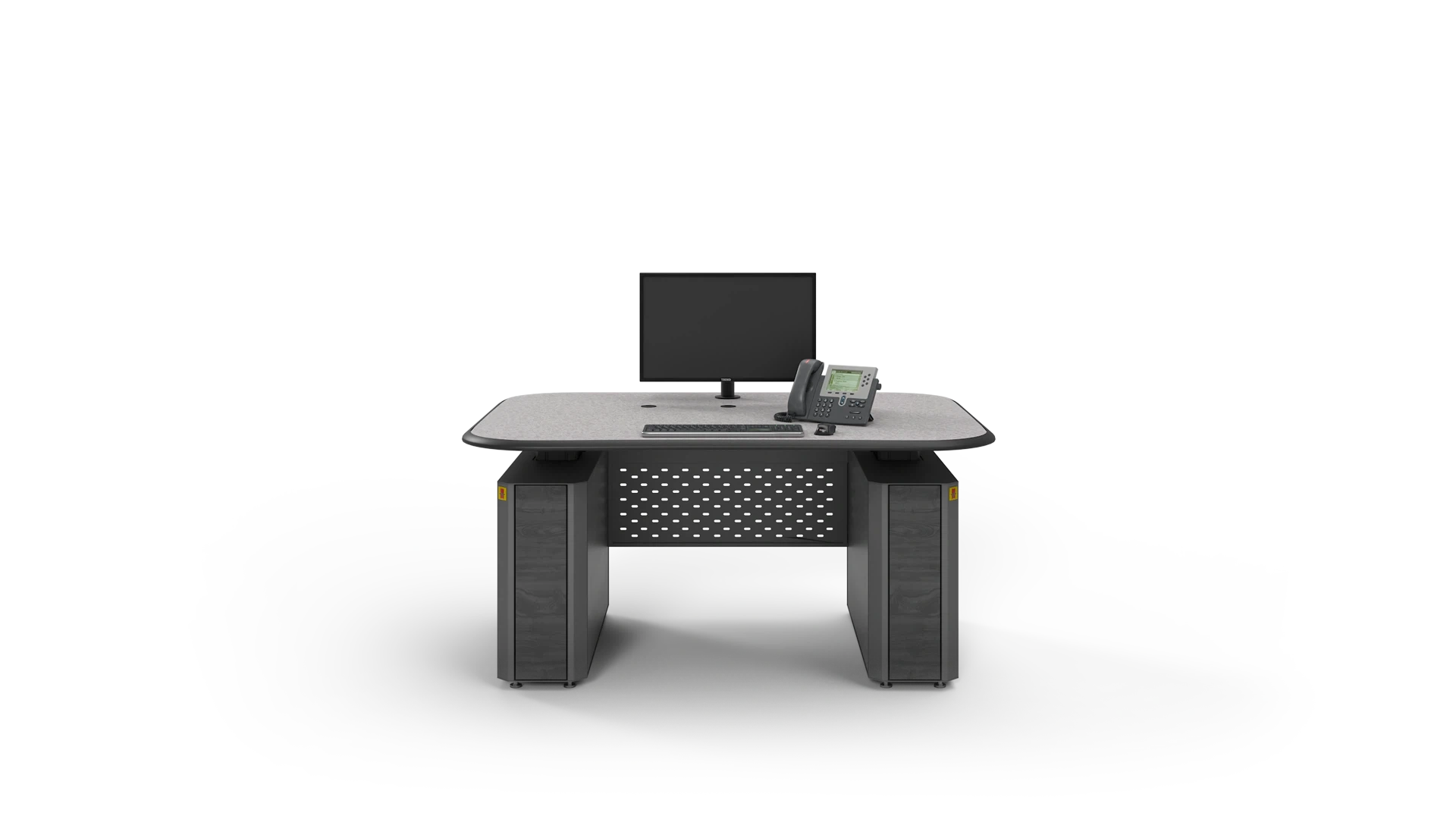 AEGIS configurable control room console, with a short worksurface and a modesty panel.