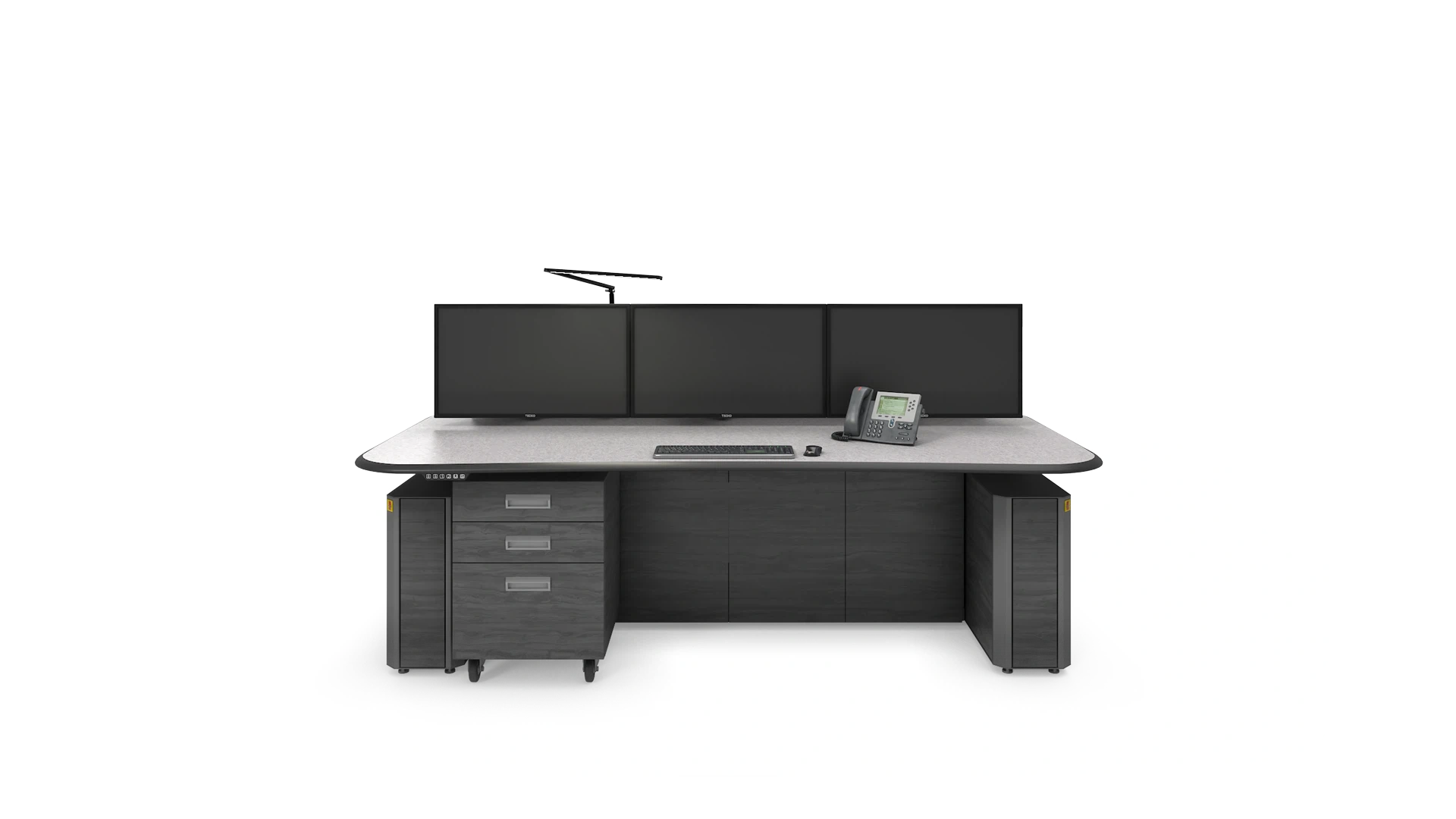 AEGIS configurable control room console with added monitors, storage cabinet, and task light