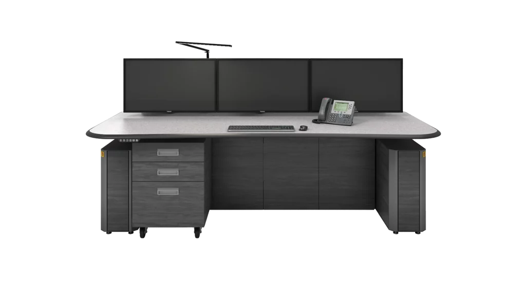 AEGIS configurable control room console with added monitors, storage cabinet, and task light