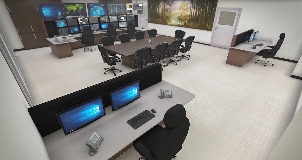 Integrated contorl room consoles and meeting table 2 e1744219307725 |