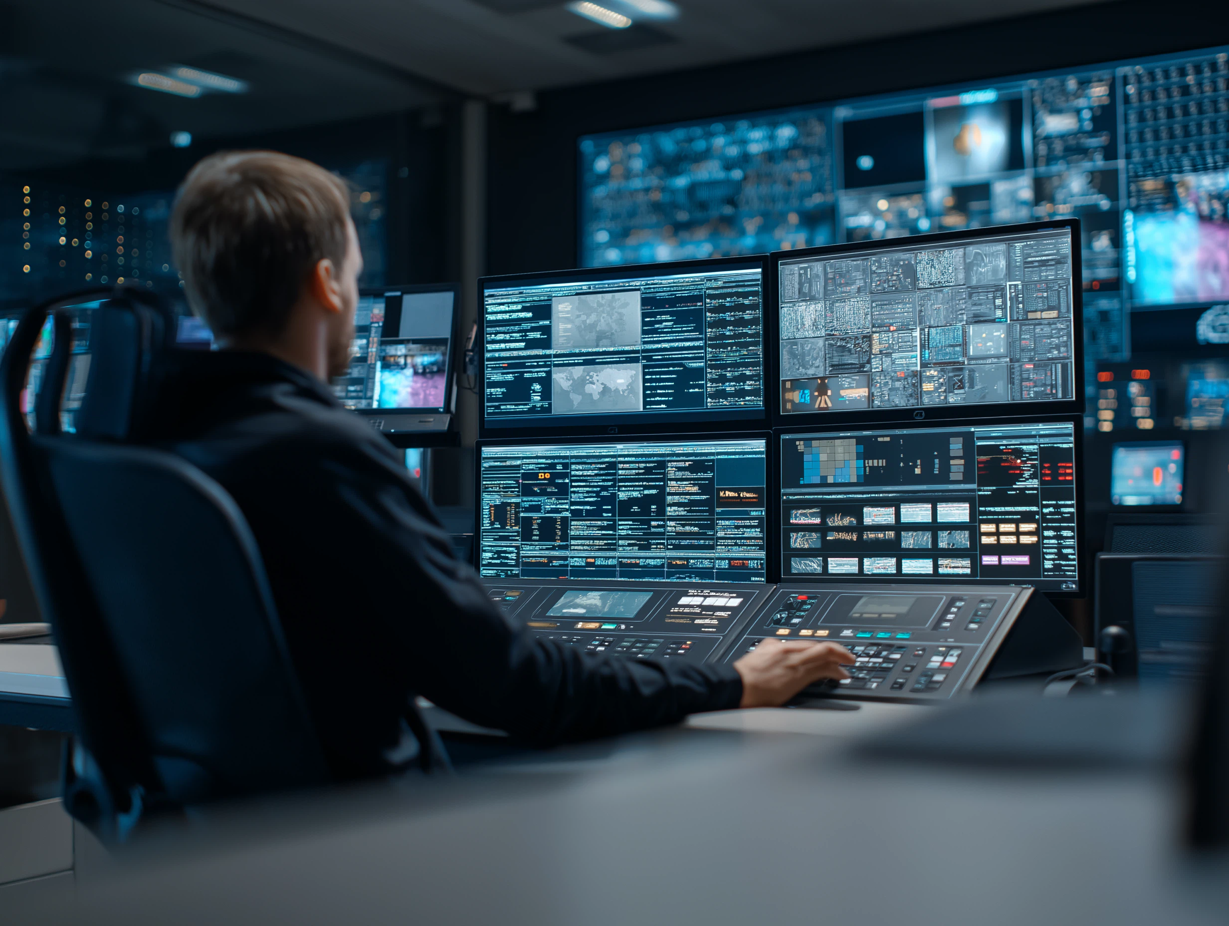 An operator using a futuristic control room console in a high tech environment 
