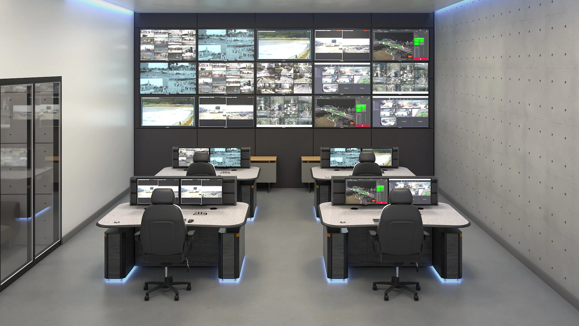 AEGIS control room console system in a GSOC environment with integrated CPU storage and video wall integration