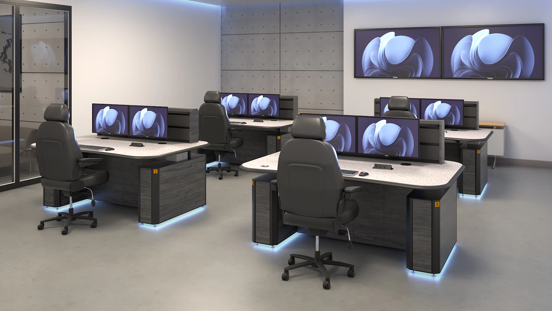 Straight AEGIS control room furniture setup in a public safety command center with branded side panel and equipment ventilation