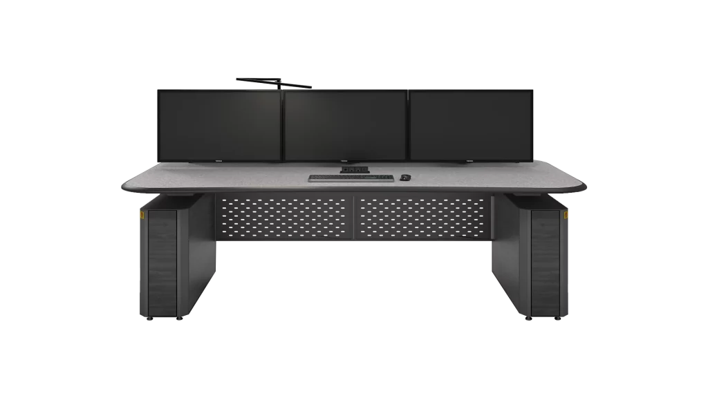 Aegis control room console straight shape and no equipment storage, single line of monitors