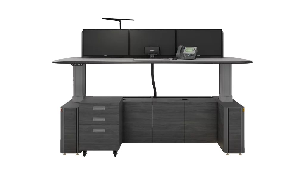 Aegis control room console in standing position, single line of monitors and mobile storage