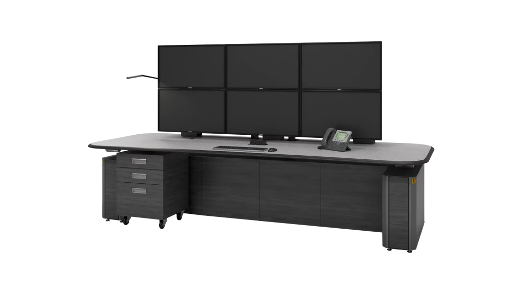 Aegis control room console large with dual stacked monitors and mobile storage