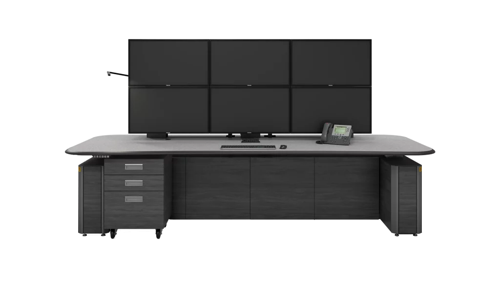 large Aegis control room console with dual stacked monitor rows each with 3 monitors