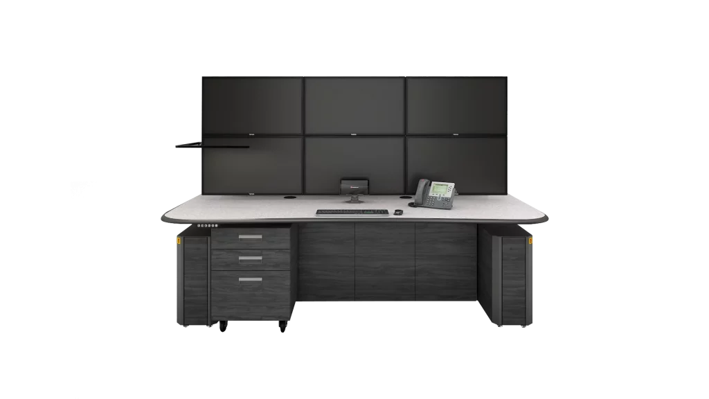 medium sized Aegis control room console with dual stacked monitor lines, each with 3 monitors and mobile storage