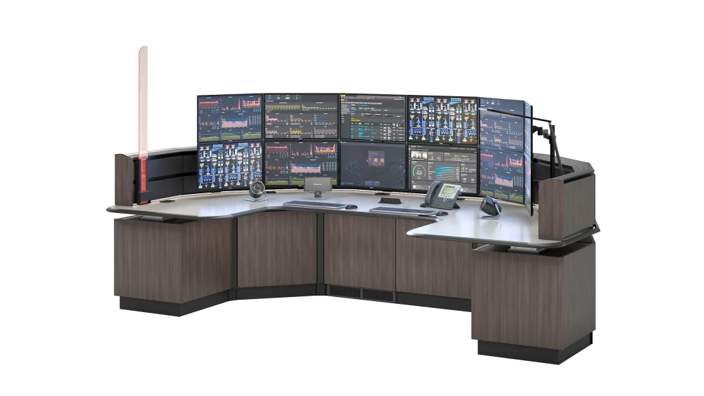 U-Shaped Nexus control room console with dual stacked lines of 6 monitors each for a total of 12 monitors, personal environment unit wuth touch pad environment control for height, lighting, climate, white noise generators and more.
