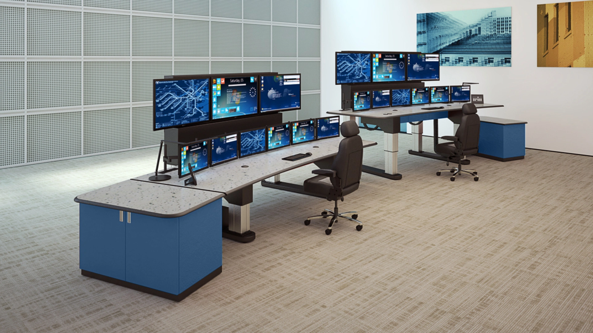 Control room with dual vanguard consoles and custom milwork pieces to match |