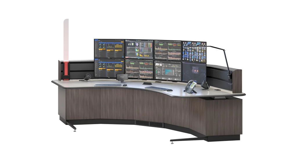 Curved Nexus control roon console with dual stacked lines of 4 monitors each, dual keyboards, personal environment unit, climate control, task lights, status indicator lights and more.