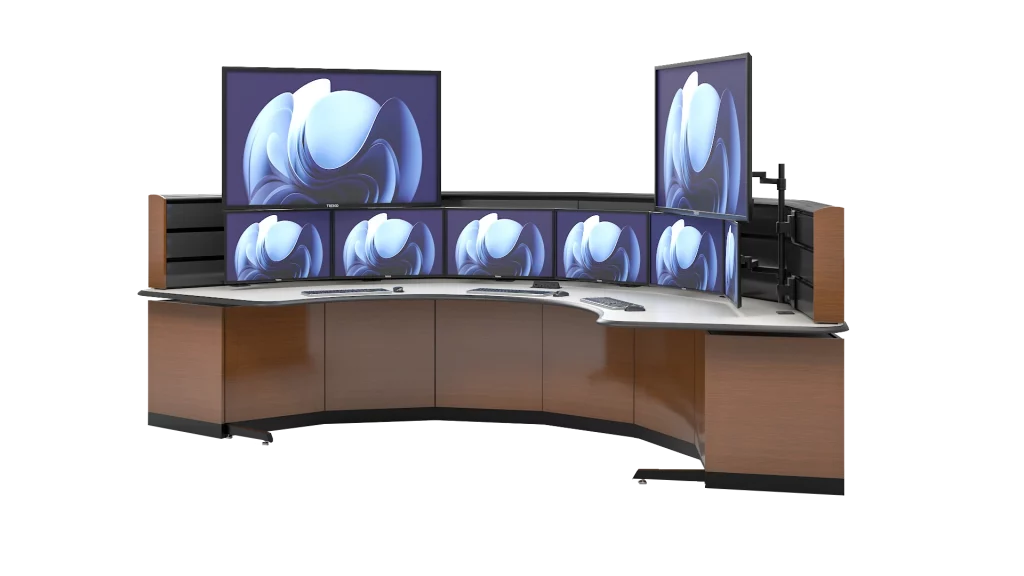 Curved nexus control room console with varying monitor arrangements |