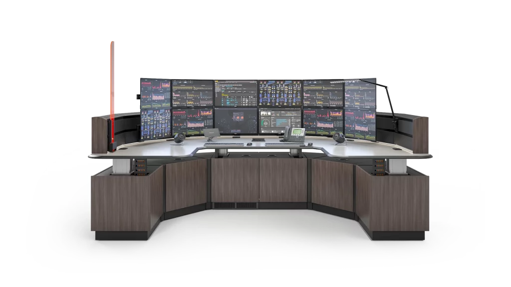 Nexus control room console with dual stacked lines of six monitors and U-shaped configuration, modern status indicator light, sit stand, iso 11064 ergonomics and more.