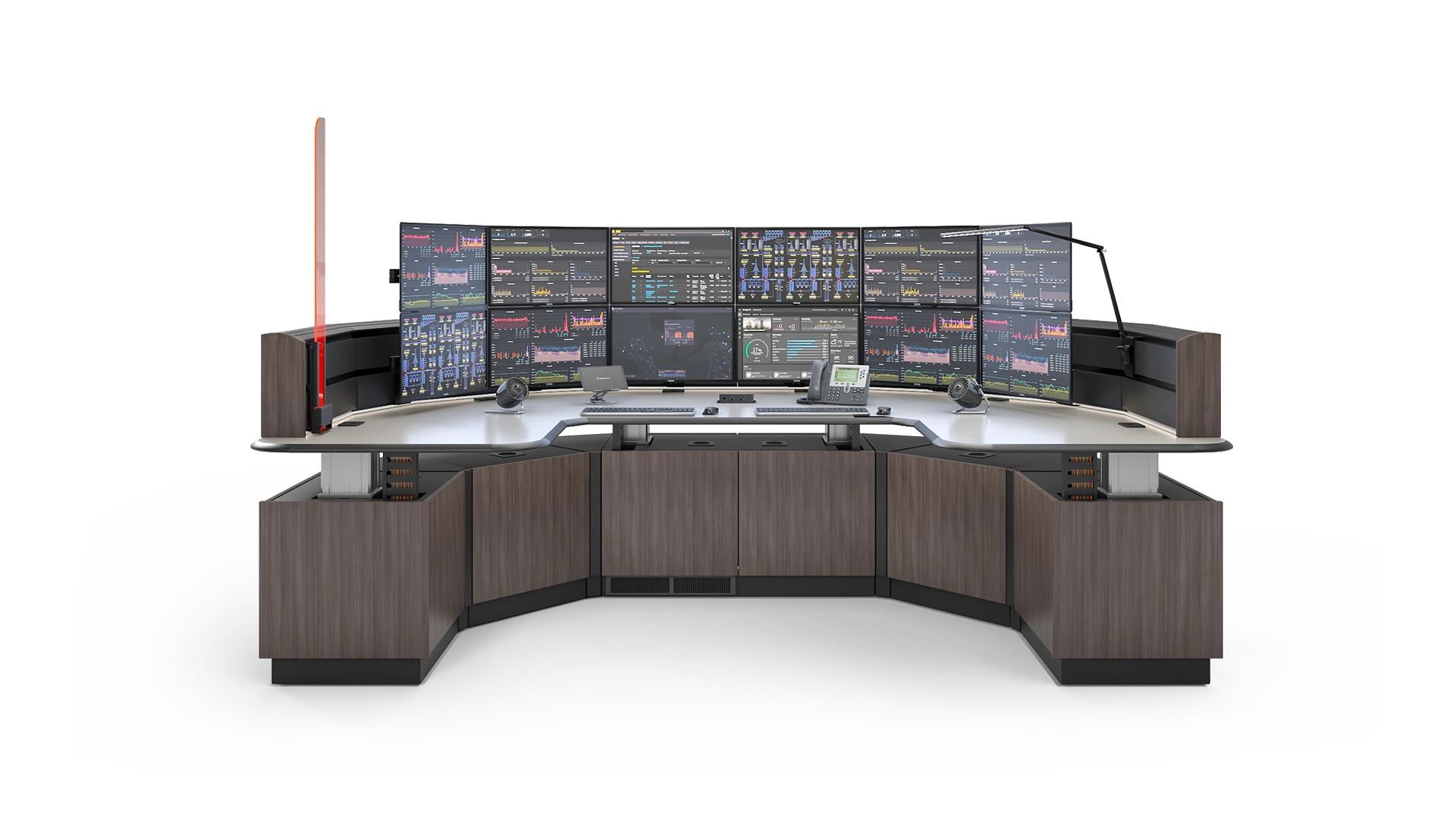 Nexus control room console with dual stacked lines of six monitors and U-shaped configuration, modern status indicator light, sit stand, iso 11064 ergonomics and more.