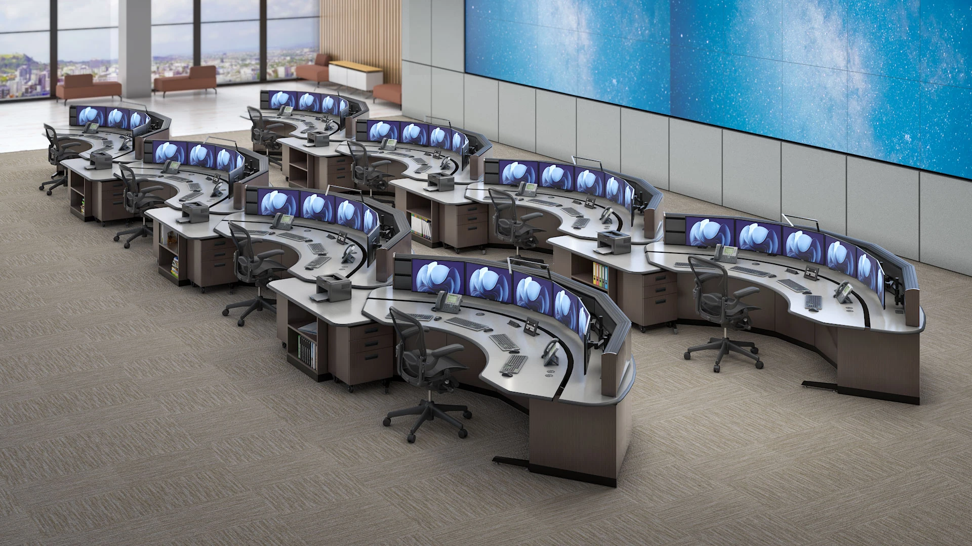 multiple ergonomic workstations on a large control room