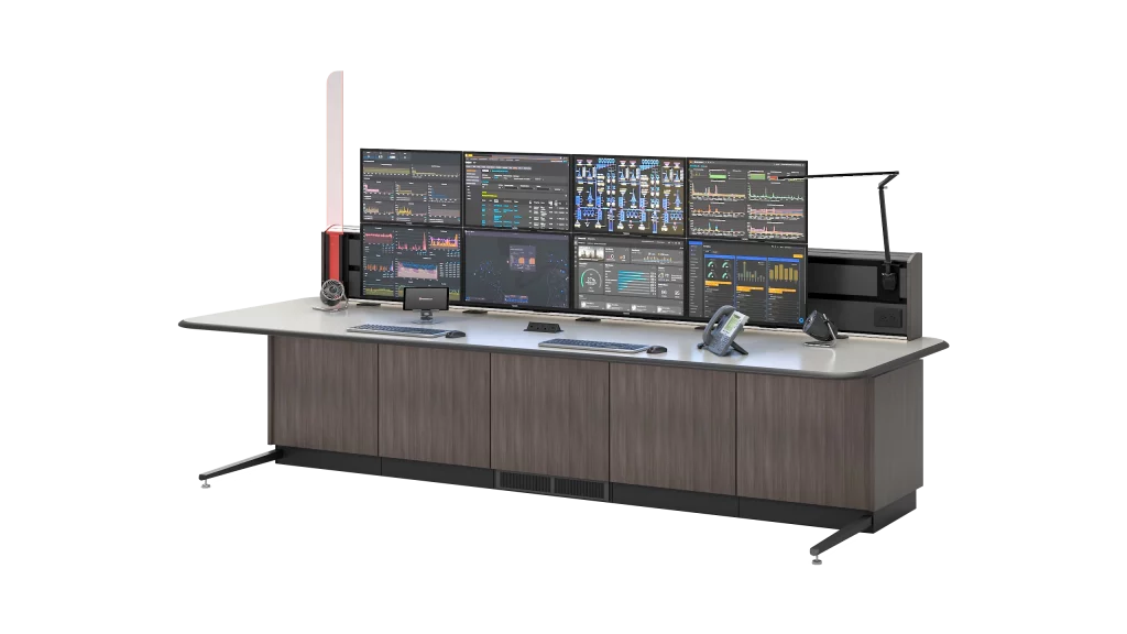 Straigth nexus control room console with dual stacked monitors |