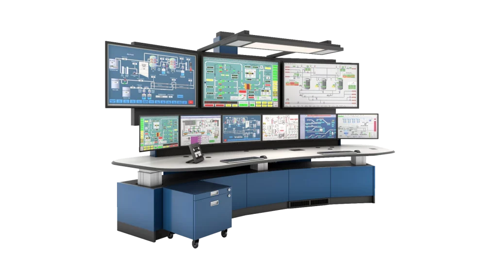 Vanguard control room console with dual monitor lines six 22 inch main and three 55 inch support monitors |