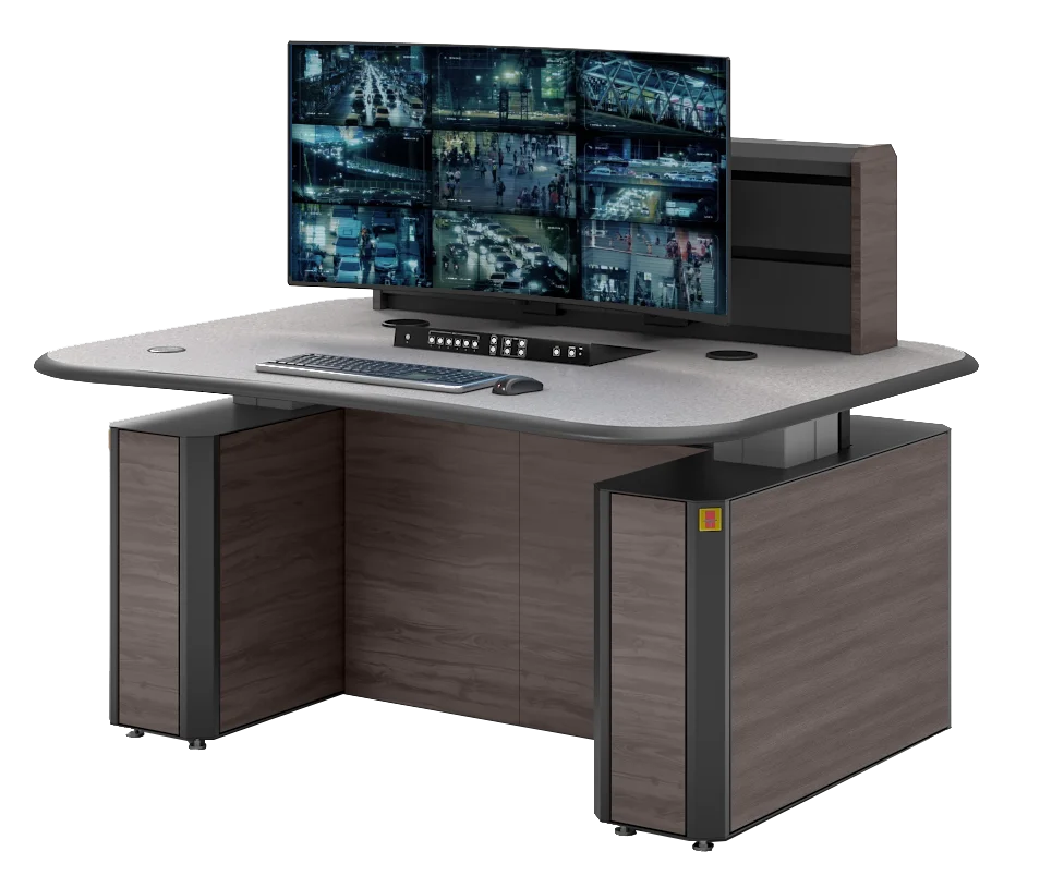 Aegis control room console with a security feed