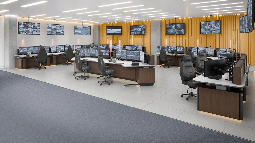 Symmetrical room and console layout, interior control room design