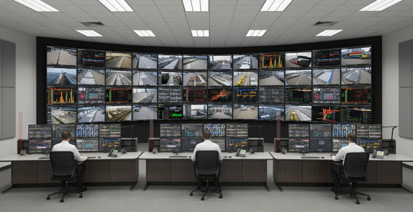 Control room environment with a large video wall and 3 nexus control room consoles |