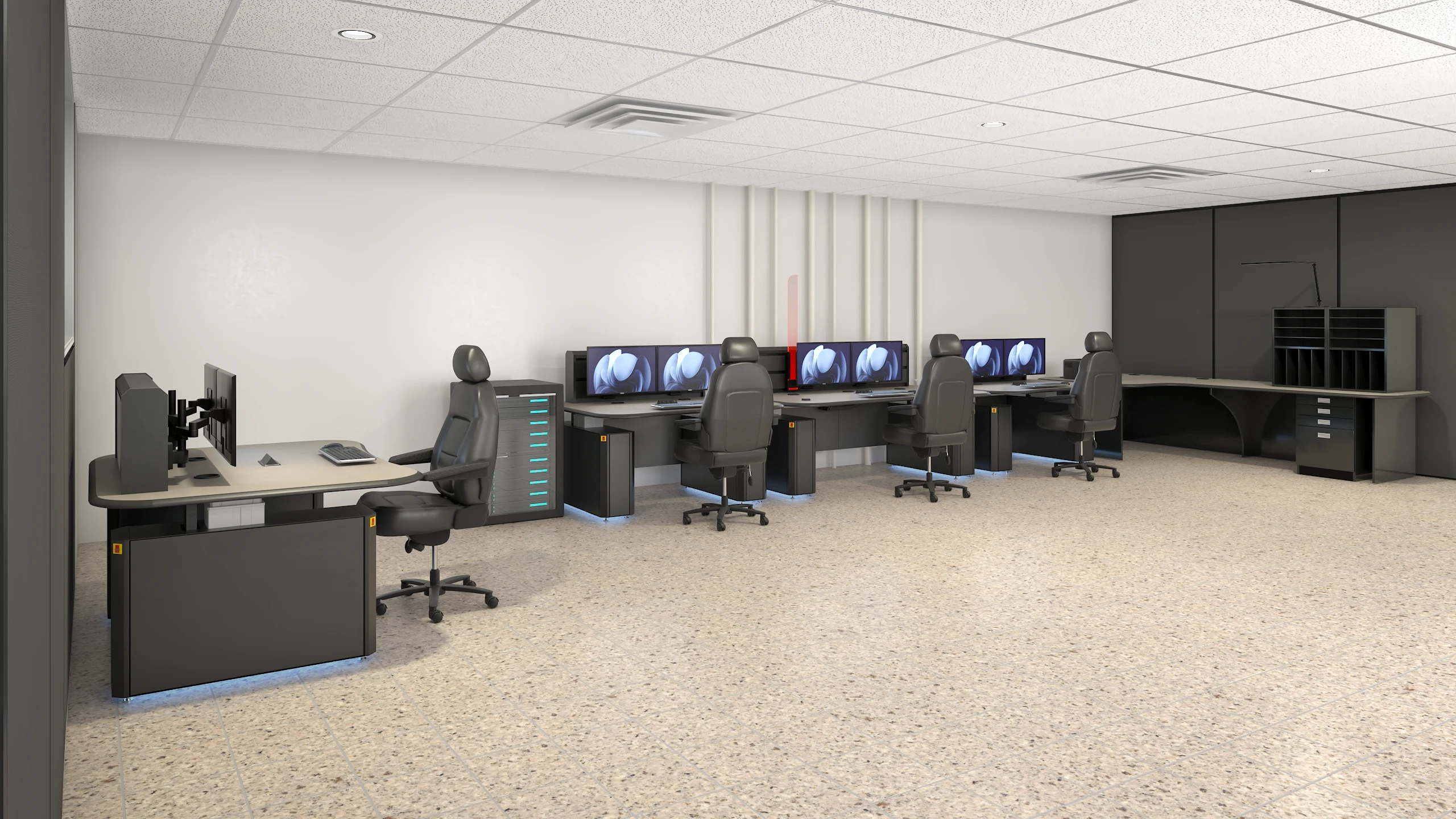 Small security control room with Aegis consoles and PEU units |