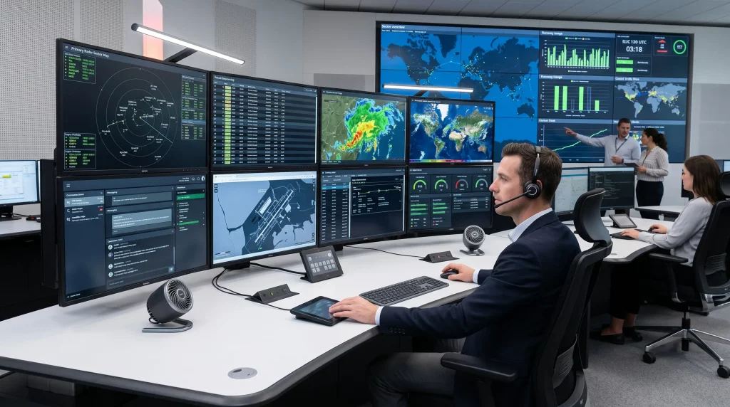 Air traffic control center with operators collaborating |