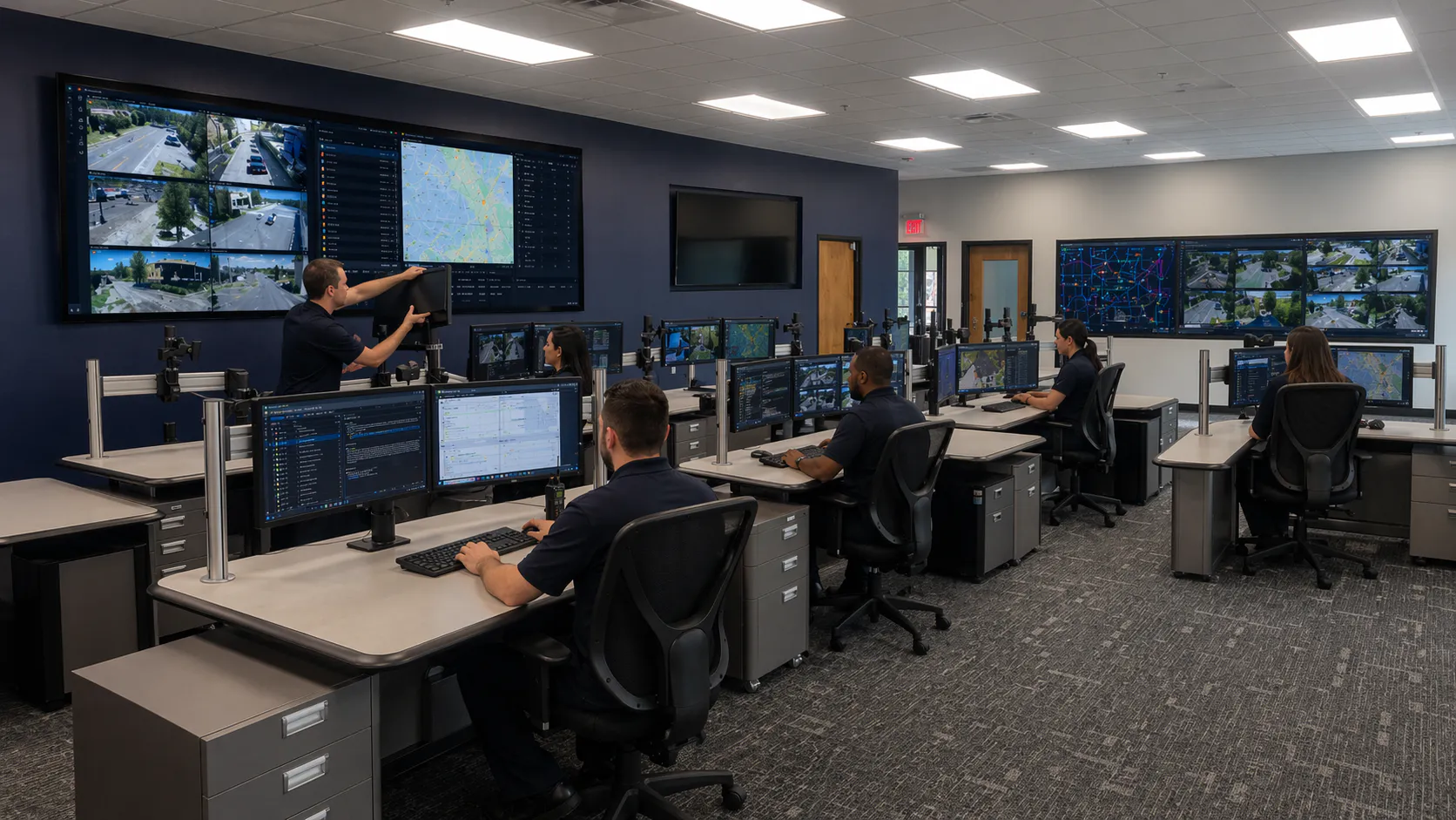 Control room with multiple workstations, one of the consoles is under maintenance, a operator is replacing one of the monitors while the other operator remains diligent working on the same console.