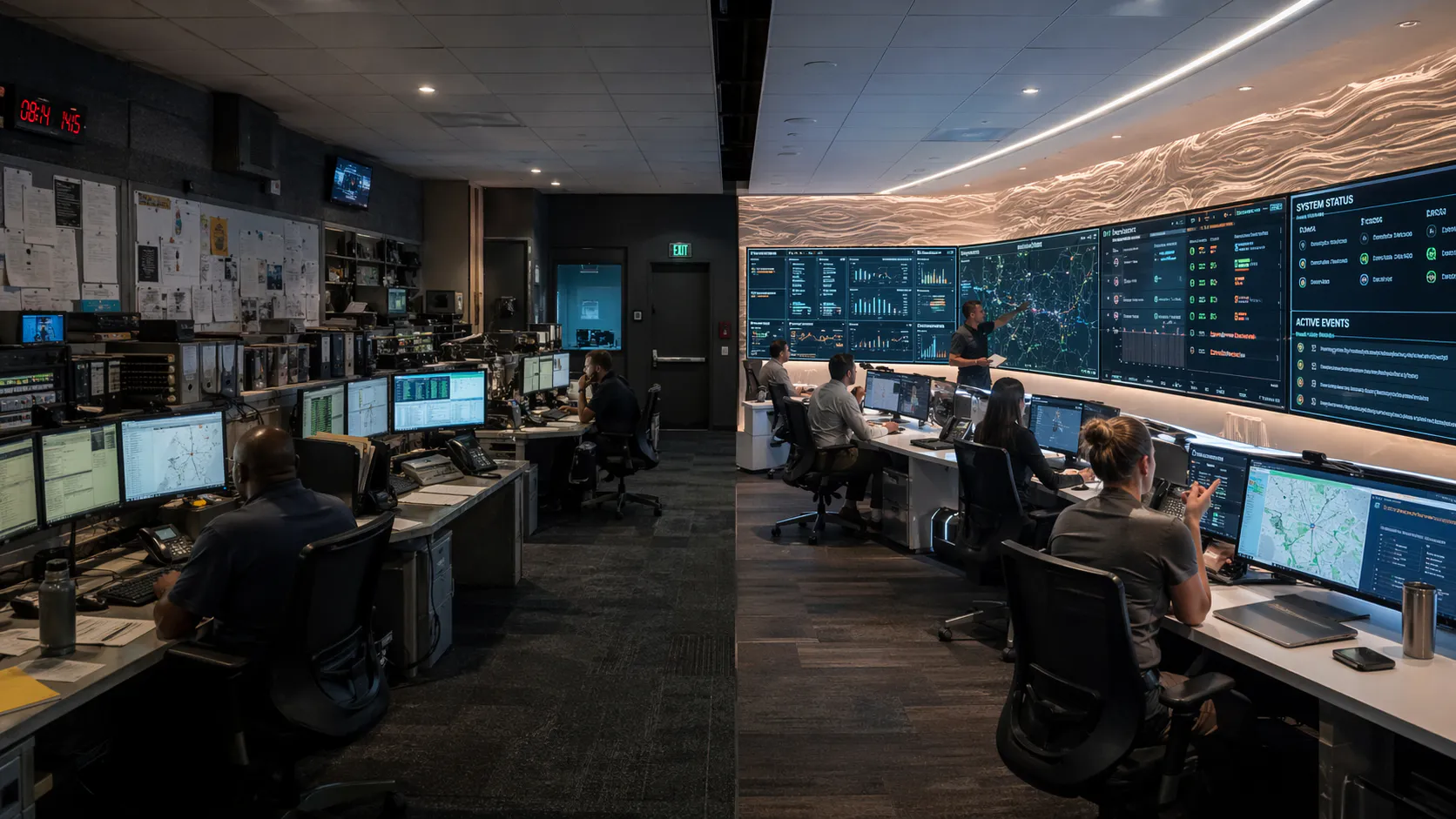 A mirrored image of ana older control room right beside a new control room, showing the contrasting difference between and older type of room and a new one