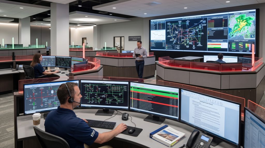 Large Utility control room with multiple operators monitoring the grid