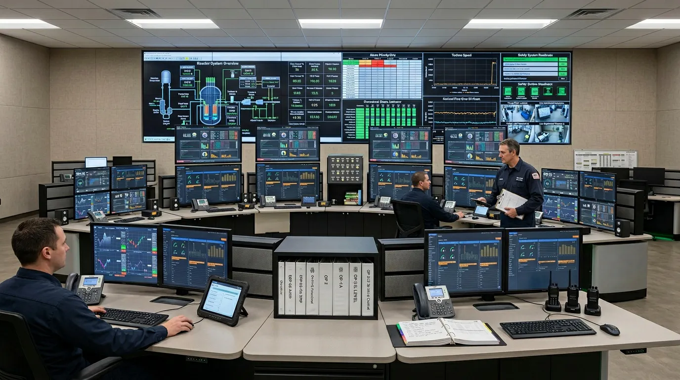 Nuclear control room design with push button controls, clustered work zones for specific operator tasks