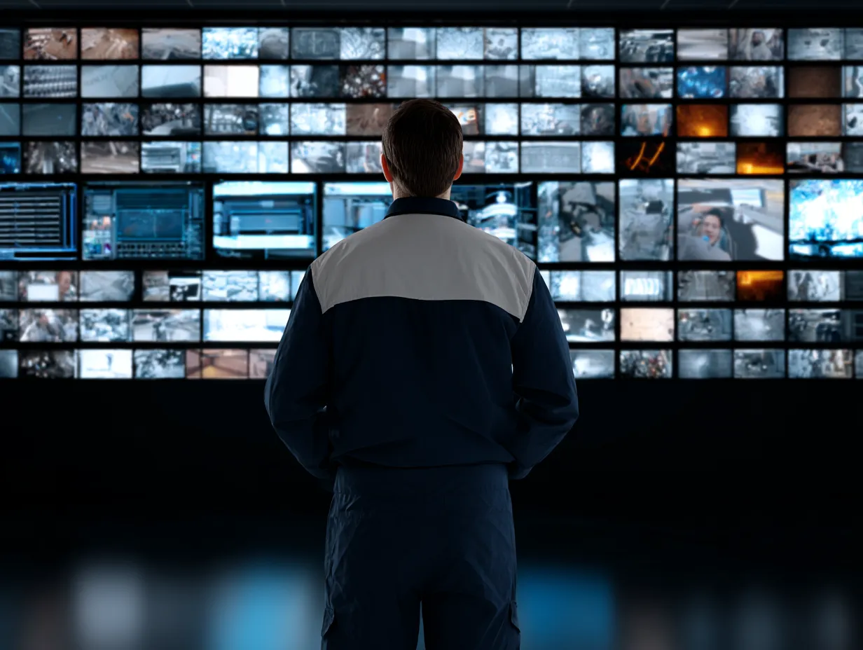 Security Operator looking at large amount of screens |